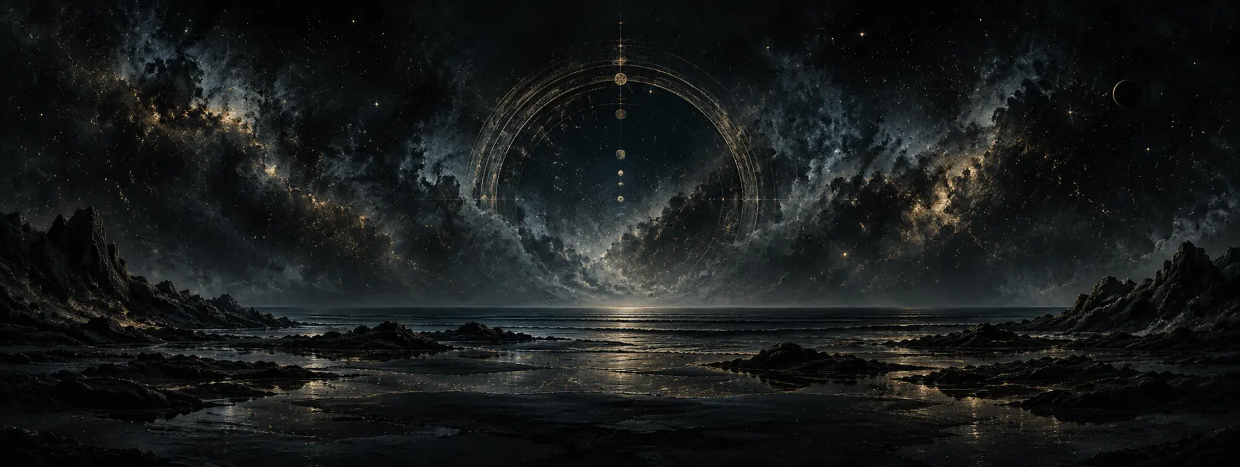 Dark celestial shoreline and gold dust